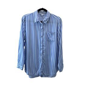 Jane + Delancey Blue White Striped Long Sleeve Button Up Tunic Top Rayon Women L